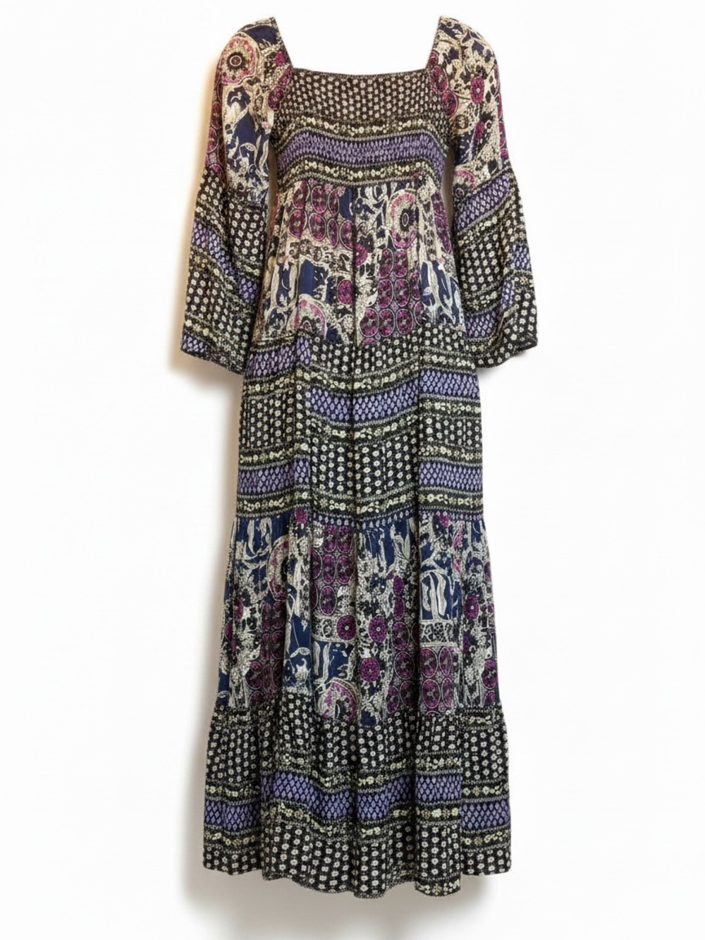 Vintage 90s India Chiffon Gold Foil Print Maxi Dress Smocked Bell Sleeves